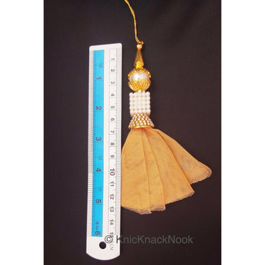 Net Tassels Latkan With Gold And Pearl Beads, Diamante, Crystal Latkan